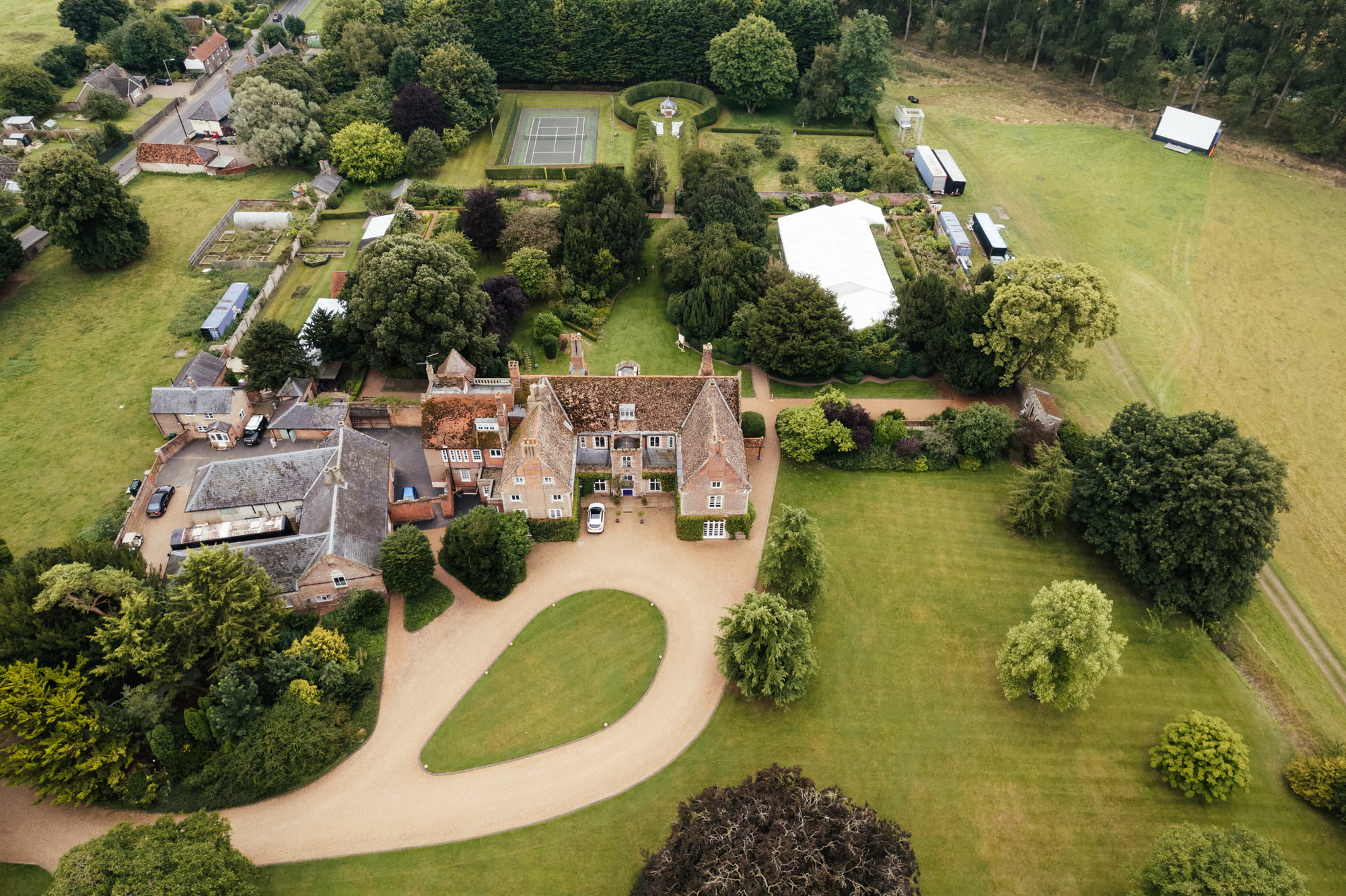 Aerial view of English countryside estate and gardens